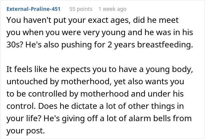 Screenshot of a forum comment discussing a man pressuring his wife to lose weight after having a baby using prescription meds.