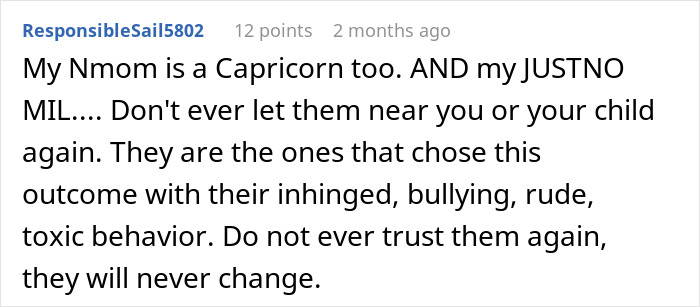 Comment warning about toxic behavior and postpartum boundaries retaliation from a mother in a personal story context.
