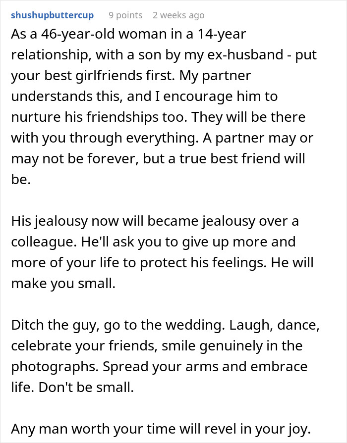 Comment discussing jealousy and support in relationships when a man can&rsquo;t handle his girlfriend doing maid of honor duties at a wedding.