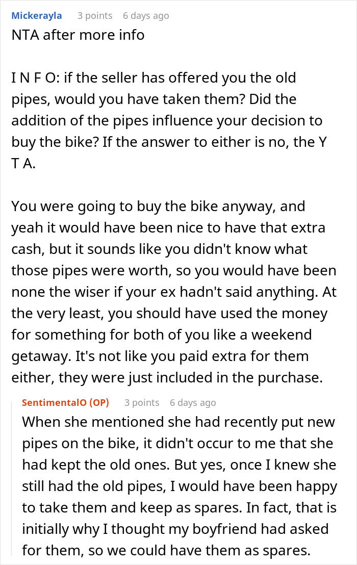 Reddit discussion showing users debating profit sharing from selling bike spare parts bought by girlfriend.
