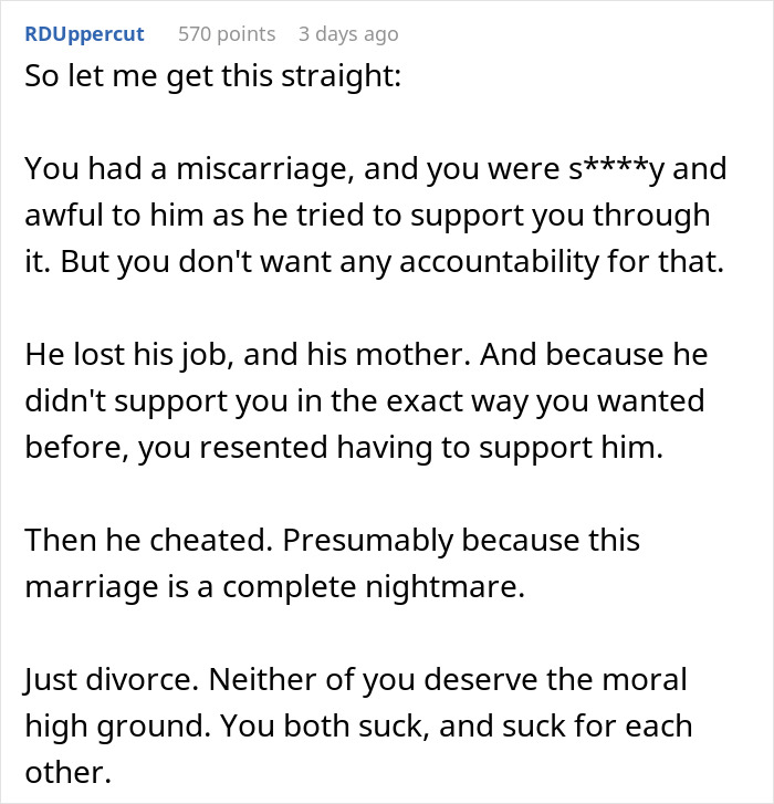 Screenshot of a Reddit comment giving a reality check to a woman about her cheating husband and relationship issues.