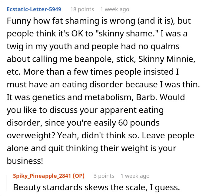 Text conversation about skinny shaming and metabolism, highlighting man messing with boss over low weight comments.