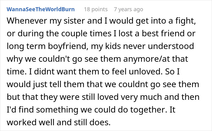 Text comment discussing how the author's kids never understood past fights or losses involving a couple or friends.