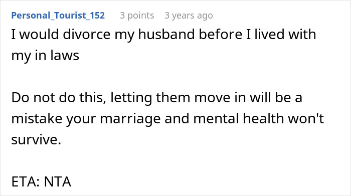 Text comment expressing frustration about in-laws moving in, warning it harms marriage and mental health.
