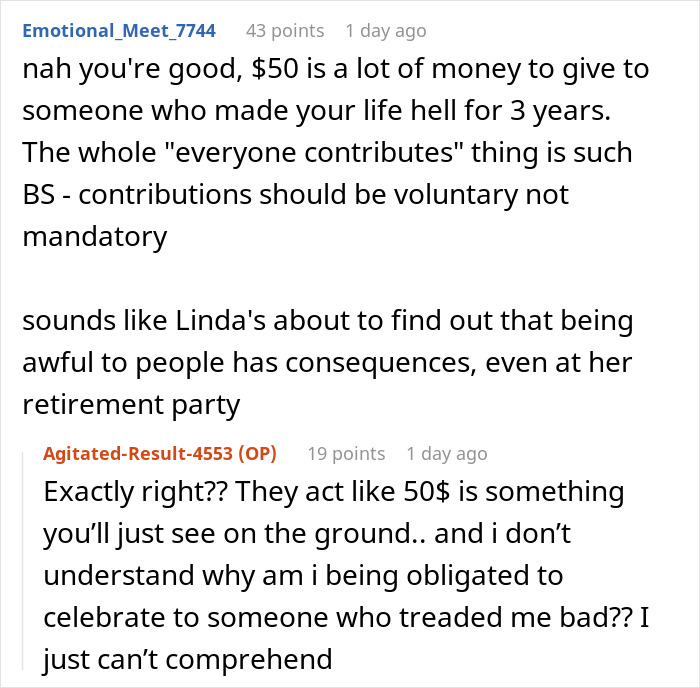 Commenters discuss a woman refusing to contribute $50 to a coworker's retirement gift after a difficult work relationship.