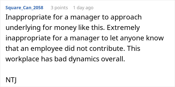 Text comment about woman refusing to contribute fifty dollars to coworker’s retirement gift due to bad workplace dynamics.