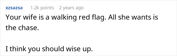 Comment on a forum expressing concern about a wife as a red flag and advising to wise up, highlighting insecurity. Comment on a forum expressing concern about a wife as a red flag and advising to wise up, highlighting insecurity.