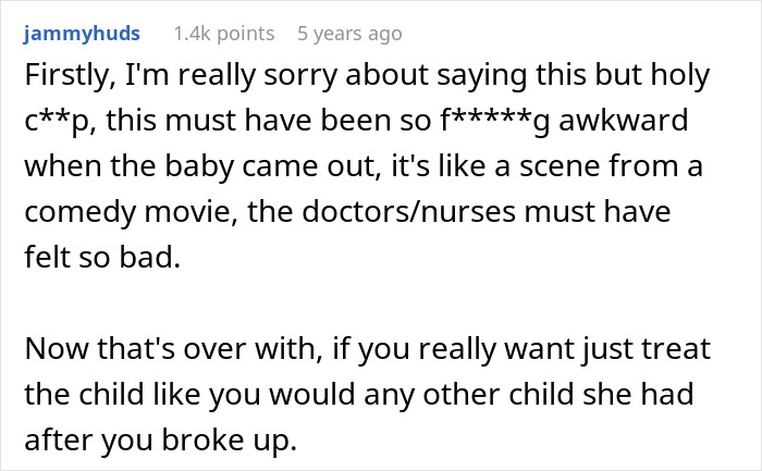 Reddit comment expressing shock and awkwardness after wife gives birth to a black child, referencing wife's secret exposed.