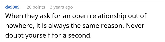 Screenshot of a Reddit comment discussing feelings about open relationships and self-doubt in relationships.