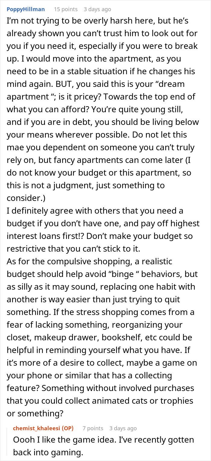 Screenshot of Reddit comments discussing financial stability and relationship conditions about fixing finances before marriage.