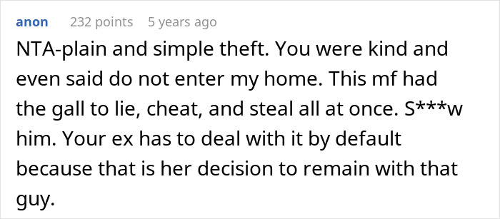 Comment discussing theft by cheating ex-wife's boyfriend who steals expensive Lego sets and faces consequences.