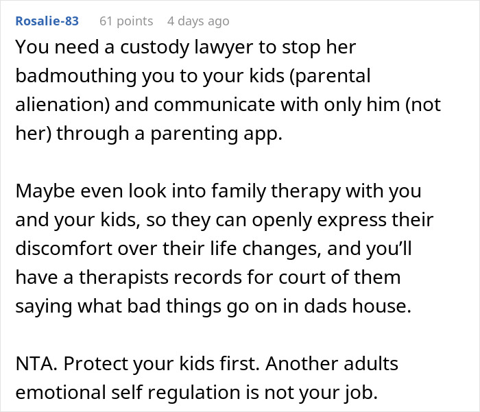 Comment on custody lawyer and family therapy advice regarding arrogant mistress being cruel to boyfriend&rsquo;s kids.