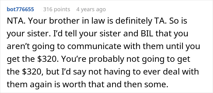 Screenshot of a Reddit comment discussing a groom pranking brother-in-law’s girlfriend and refusing to pay for his actions.