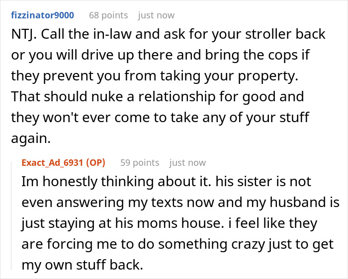 Screenshot of an online discussion where a mom-to-be learns her stroller was gifted to her sister without her consent.