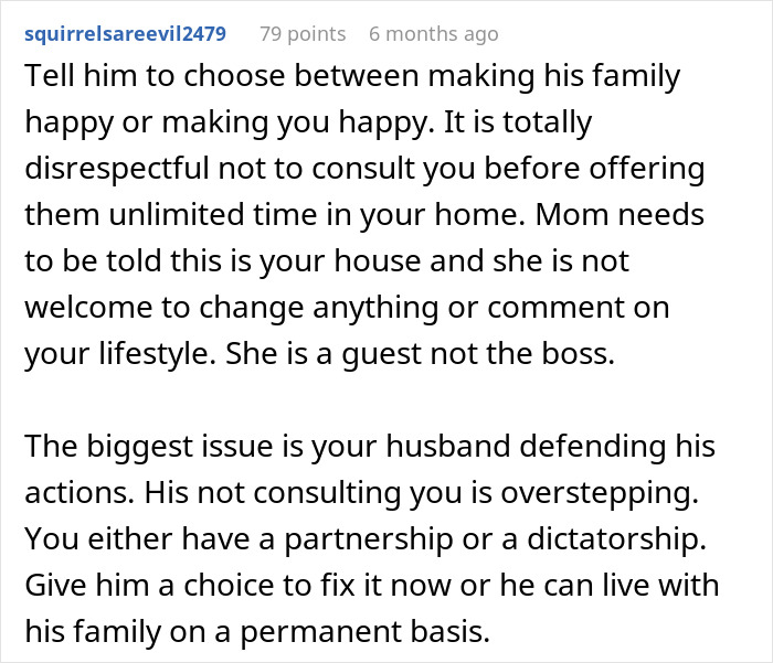 Comment advising a wife to address her husband's family moving in without consulting her, highlighting family conflict.