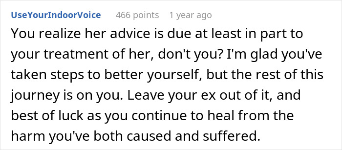 Comment discussing healing and moving on after male relatives and friends disrupt a marriage involving an ex-wife.