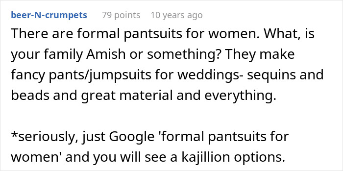 Comment discussing formal pantsuits for women as an alternative to dresses at weddings, related to girlfriend refusing dresses.