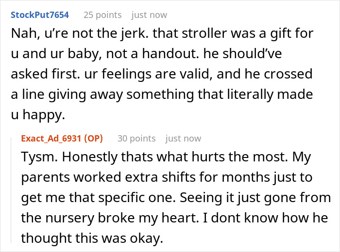 Reddit comments discussing a mom-to-be shocked to find nursery empty after husband gifted stroller to sister without discussion.