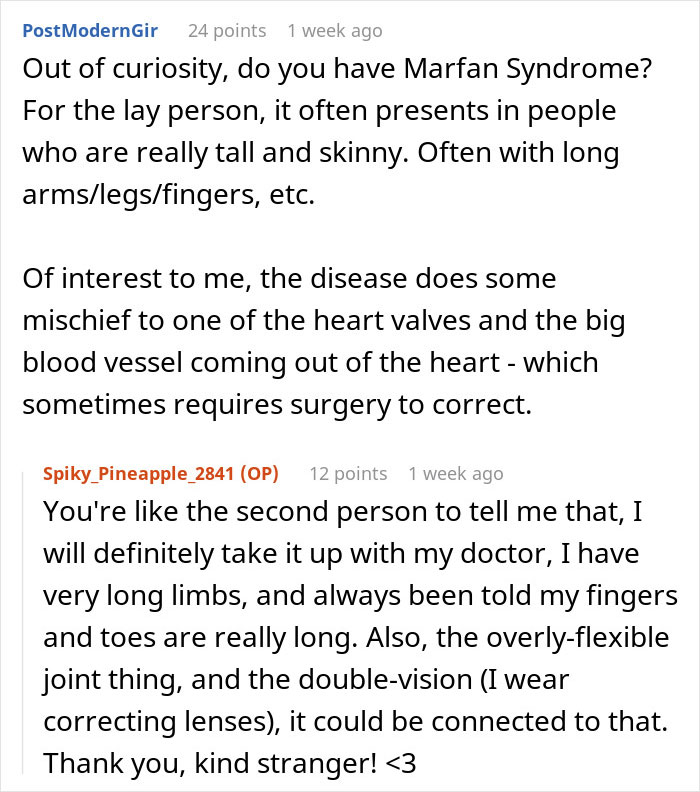 Reddit conversation about a man responding to his boss's comments on his low weight with long limbs and possible Marfan Syndrome.