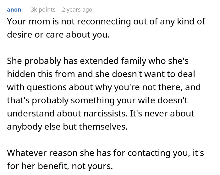 Comment discussing a woman suddenly wanting to reconcile with her son after 32 years, focusing on narcissistic motives.