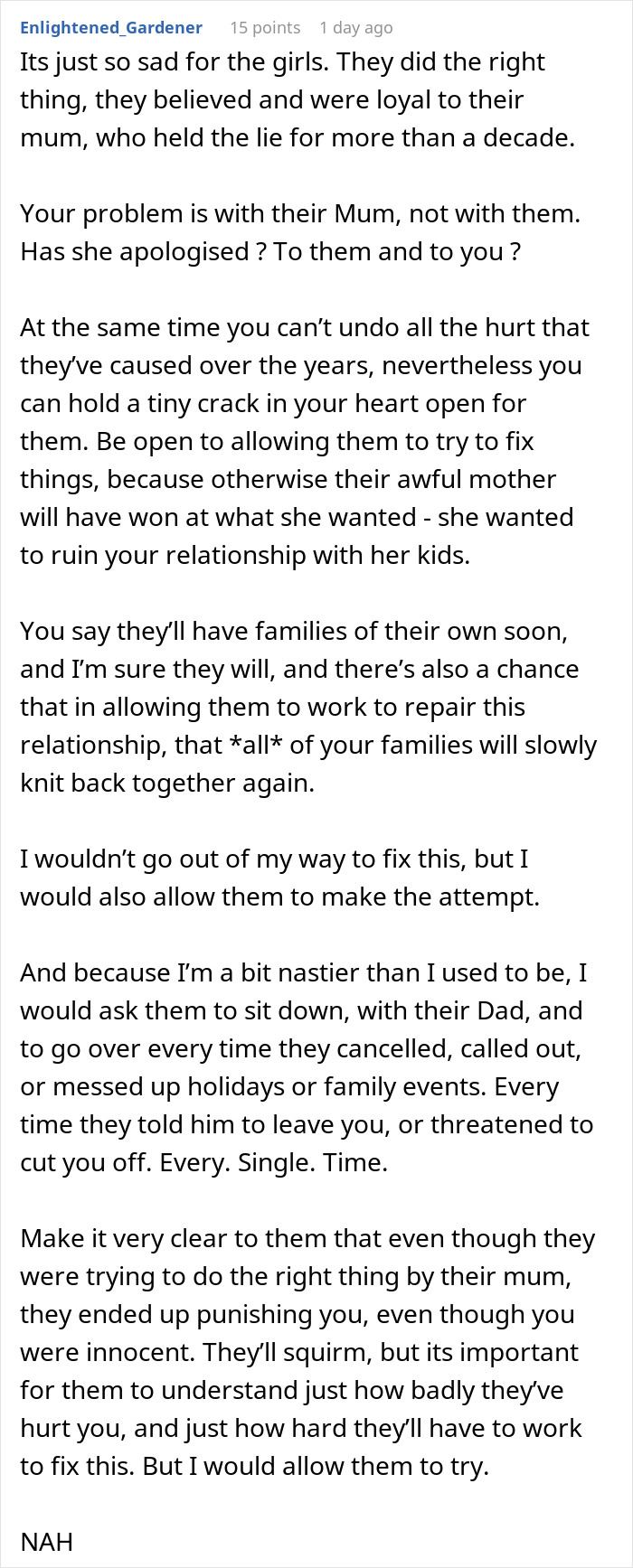 Comment discussing stepdaughters, cheating, lies, and efforts to repair a broken relationship with family.