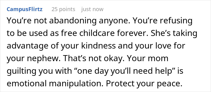 Comment about refusing to provide free childcare, addressing emotional manipulation, and protecting peace.