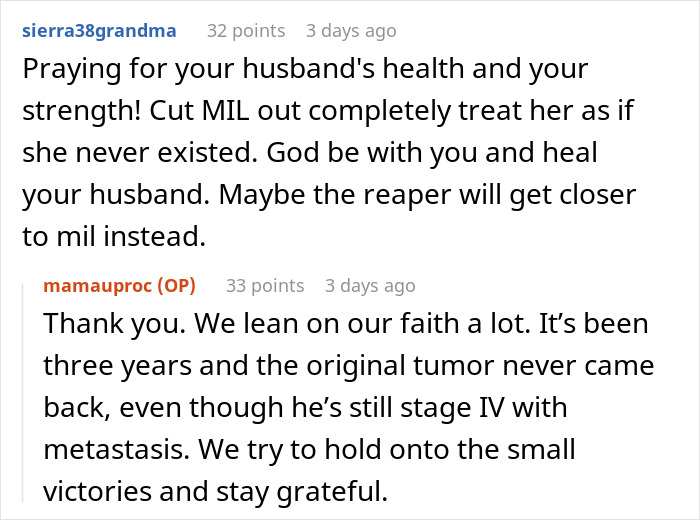 Reddit conversation about MIL praised by family and her ultimatum to terminal son with stage IV cancer and metastasis.