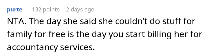 Comment on sister refuses plan wedding gets demoted guest story discussing billing for family services.