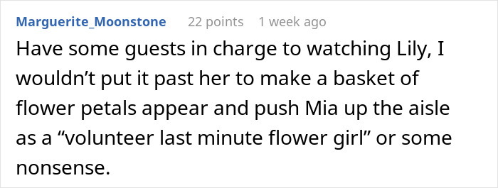 Screenshot of a text comment discussing an attention-seeking mom wanting to dress her 3-year-old daughter in the same dress as the bride.