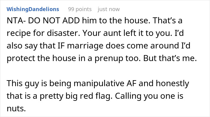 Comment warning against adding a man with debt to a girlfriend’s inherited house deed, citing manipulation concerns.