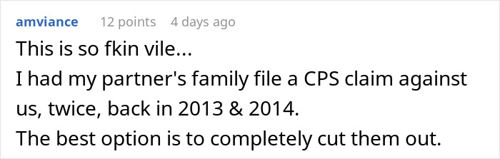 Screenshot of a social media comment discussing retaliation and postpartum boundaries involving CPS claims and family conflict.