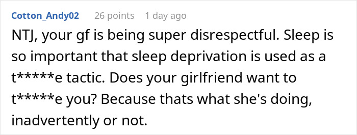 Comment highlighting how a woman keeps waking up her boyfriend, affecting his sleep and showing disrespect in the relationship.