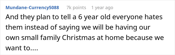 Screenshot of an online comment about having a small family Christmas at home with no kids allowed, causing family tension.