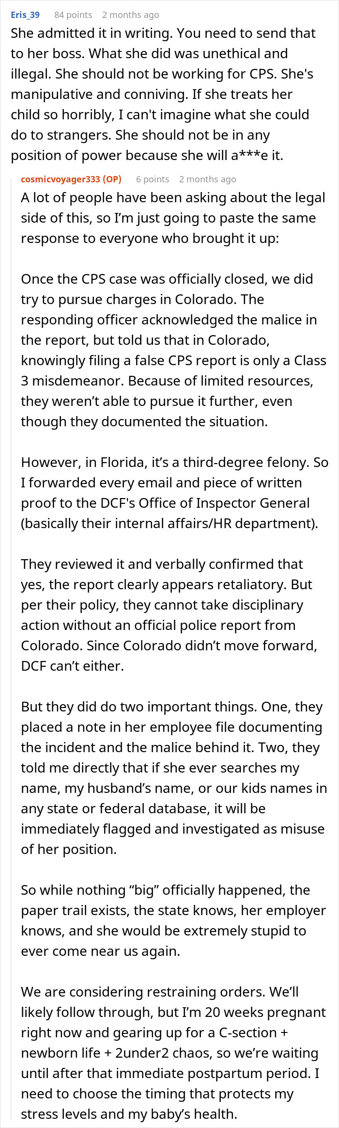 Reddit discussion about a mother retaliating against postpartum boundaries with unethical and legal consequences detailed.