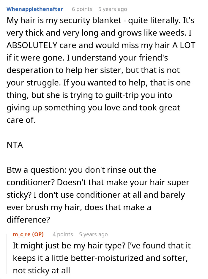 Screenshot of an online discussion where a lady refuses to cut her long hair for her sister's wig.