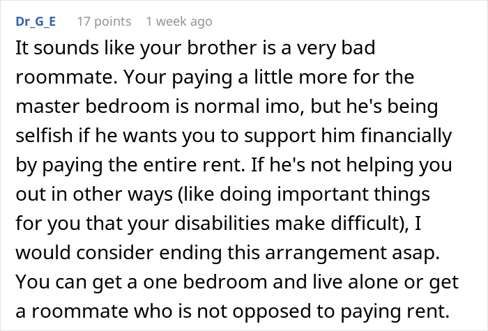 Comment discussing a roommate conflict where one sees dollar signs as veteran bro&rsquo;s pay increases and demands rent payment.