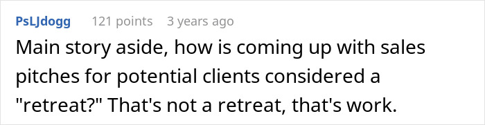 Reddit comment discussing sales pitches and retreats, related to man fired over crude drawing and tragic story.