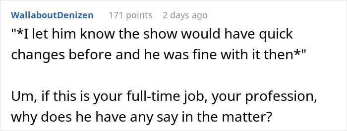 Screenshot of a Reddit comment discussing a guy unable to handle actress girlfriend changing clothes in front of other men.