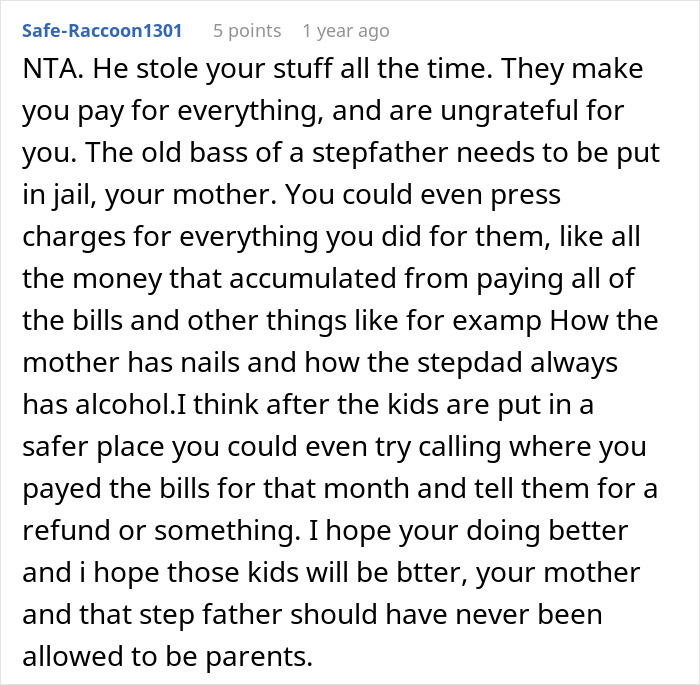 Reddit comment discussing issues with a stepfather and family, highlighting a***e and neglect from a stepfather figure.