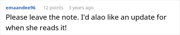 Text post from user emaandee96 requesting the note to be left and an update when woman reads it.