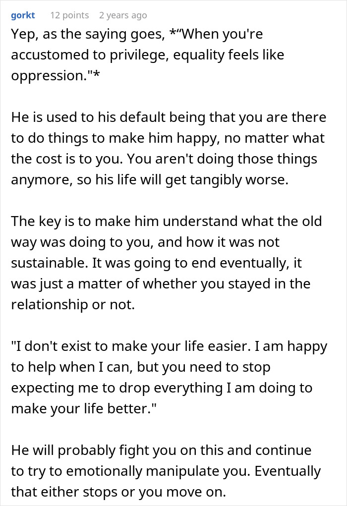 Text excerpt discussing a man taking advantage of wife's submissive nature and her standing up for herself.