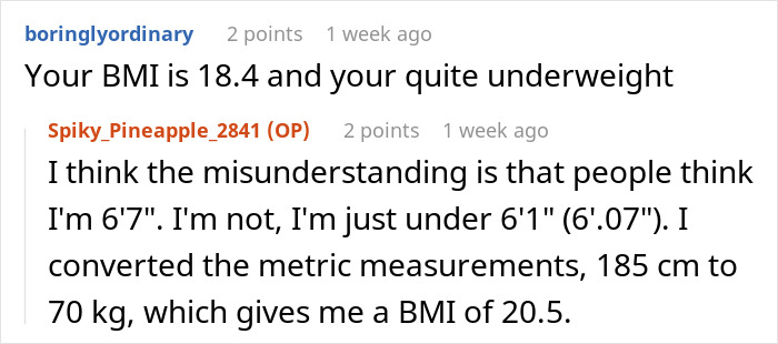 Reddit user responds to boss&rsquo;s comment on low weight by clarifying height and BMI with metric conversions.