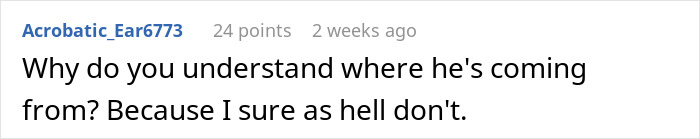 Comment text on a white background discussing a man's reaction to his girlfriend doing maid of honor duties at a wedding.