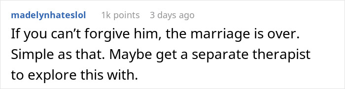 Screenshot of an online comment giving a reality check about a cheating husband and suggesting a fair therapist.