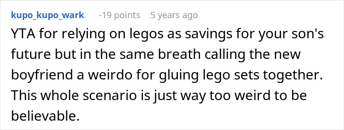 Reddit comment discussing cheating ex-wife's boyfriend stealing expensive Lego sets and the disbelief about the situation.