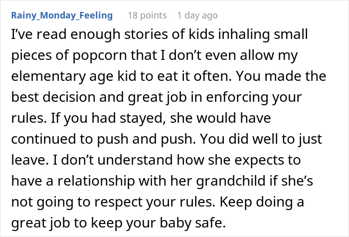 Comment discussing enforcing rules to keep a baby safe during a family dinner affected by a rude mother.