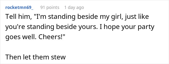 Text comment about standing by girlfriend amid bullying from best friend's GF on 35th birthday dilemma situation.