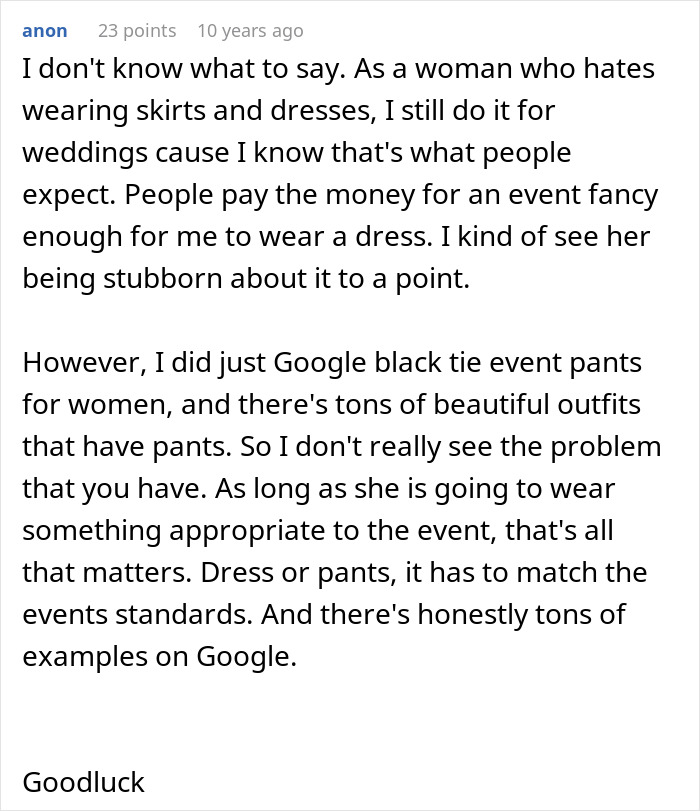Comment discussing woman refusing to wear dresses for weddings and options for black tie event pants for women.