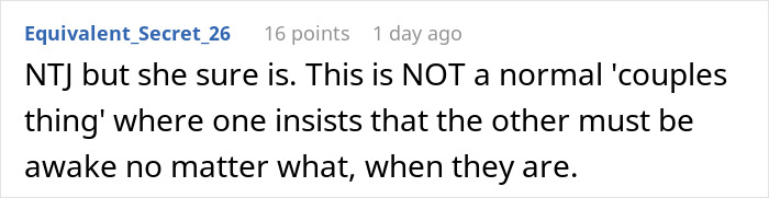 Screenshot of an online comment discussing a woman waking up her boyfriend as soon as she wakes up in couples behavior.