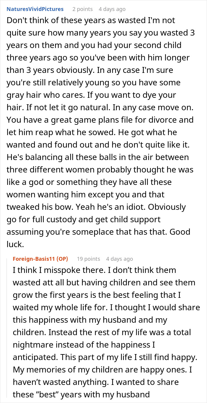 Text conversation discussing a woman reflecting on her unhappy three years in polyamory she never wanted.